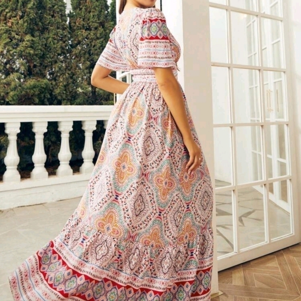 Multicolor Boho Floral and Tribal Print, Ruffle Hem,  v neck,  a line, M… - Picture 2 of 9